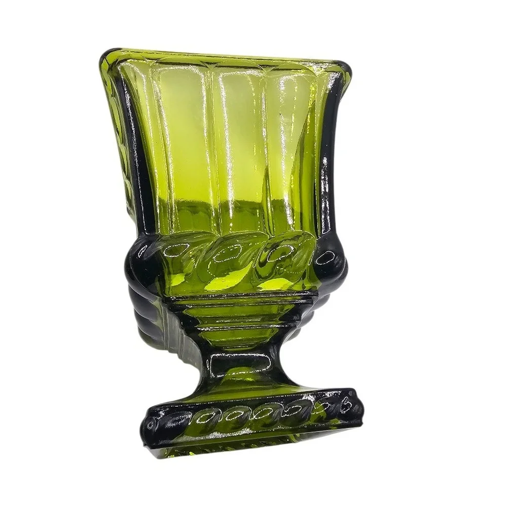 VTG 60s Heavy Olive Green Glass Rectangle Compote /Candy Dish Footed Ribbed Base